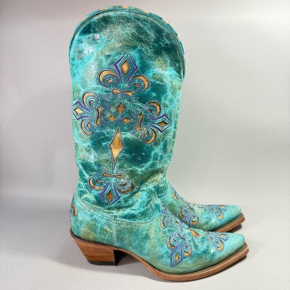 Corral Boots Shoes - CORRAL Turquoise Fleur-de-lis Leather Cutout Design Western Boots